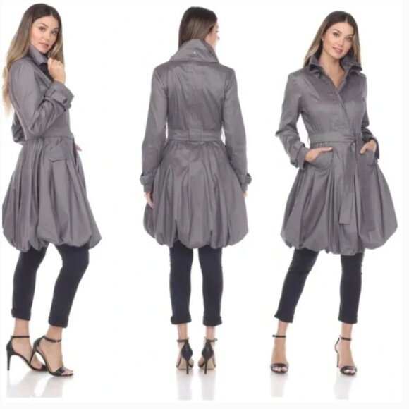Samuel Dong Silver Gray Belted Water Resistant Bubble Hem Trench Coat size M - Picture 1 of 16